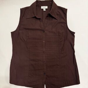 Dressbarn Brown Sleeveless Button Down Shirt with Notched Collar